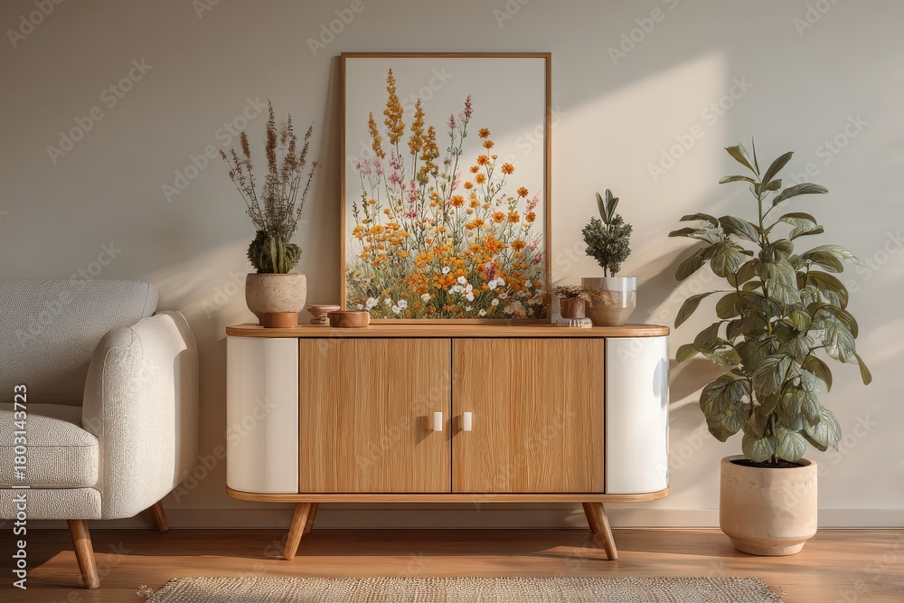 A cozy living room features a wooden cabinet adorned with a beautiful floral artwork.
