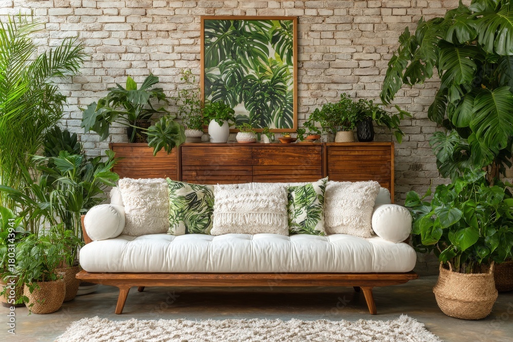 This indoor setting features a comfortable white sofa adorned with green leaf-patterned pillows. Lush plants surround the sofa and decor enhances the natural feel.