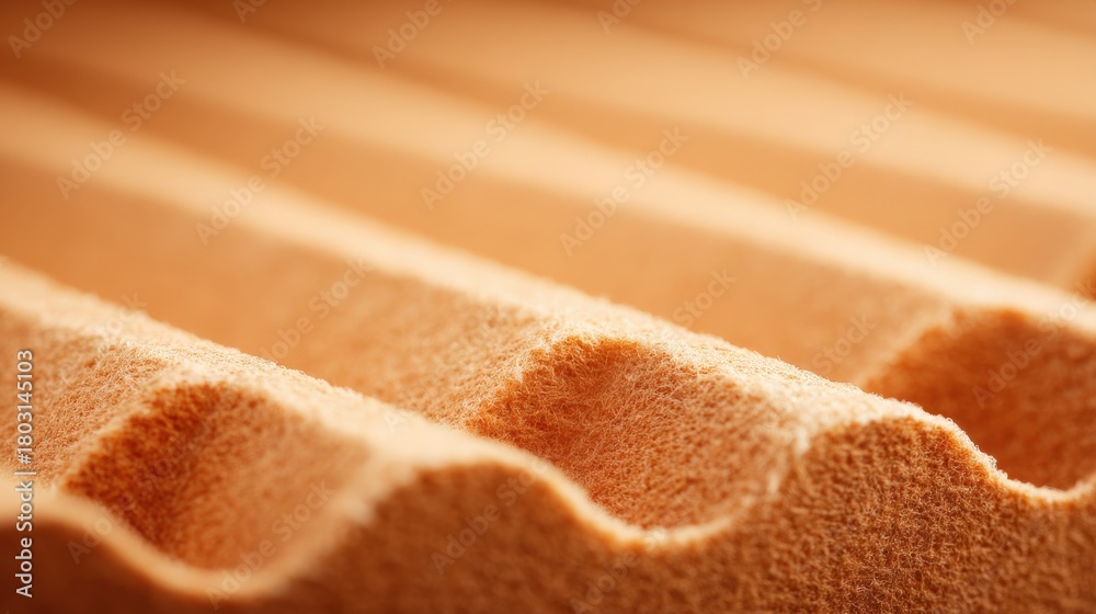 Close view of a section of corrugated cardboard showcasing its distinct wavy texture and warm brown colors. The design reflects durability and a unique pattern, perfect for packaging.