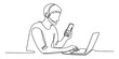 © Single Line Art - Continuous line drawing of a customer support agent wearing a headset, holding a phone, and working on a laptop, providing online assistance.