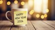 © Smartra - Happy new year 2026 message on a sticky note attached to a coffee mug on a wooden table with blurred bokeh lights in the background