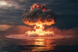  massive, fiery mushroom cloud erupts dramatically over the ocean at sunset, casting an ominous glow on the water and sky. 