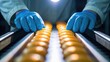 © thanawat - Close-up of gloved hands handling oranges on a conveyor belt in a production facility, emphasizing food processing and hygiene.