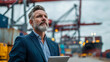 © timurlan999 - Shipping manager with tablet overseeing port operations
