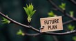 © CrazyJuke - Future Plan Concept: A wooden tag reading FUTURE PLAN dangles from a tree branch alongside fresh green leaves, symbolizing growth and aspirations for tomorrow.