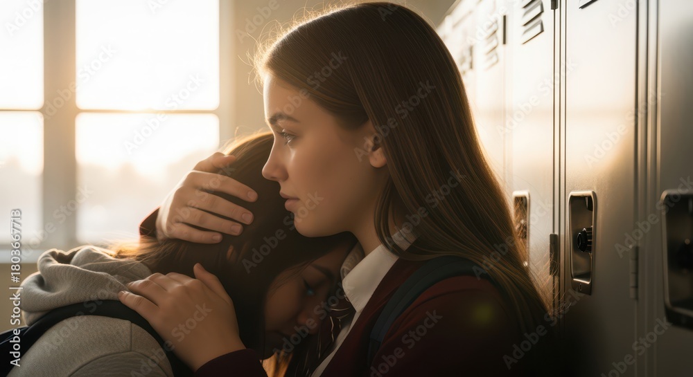 Teen girl hugging and comforting sad friend in school hallway beside ...