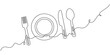 © Shovo - Continuous one line drawing of plate, spoon and fork minimal outline vector illustration, Continuous single line drawing of a plate with fork and knife. Editable stroke