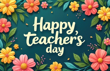  Happy Teachers Day text with colorful flowers and green leaves border. Festive floral frame celebrates educator appreciation event. Bright floral design for holiday greeting.