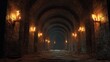 © Tanu - Dark and mysterious stone corridor with flickering torches leading to an unseen staircase in an ancient dungeon at night