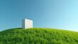 © miss irine - Minimalist white cube stands on a rolling green hill under a clear blue sky. The simple structure and natural landscape create a serene and abstract background.
