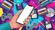 © AmegSu - Retro futurism collage with halftone hand holding phone. Vector 80s 90s nostalgia mockup with neon shapes.