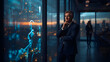 © ATime7Day - Contemplative ceo in modern office ponders use of ai technology to replace employees. He looks at futuristic data hologram with city view at dusk