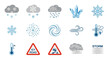© Melin - Collection of flat design icons representing cold weather, snow, storms, and icy road conditions.