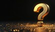 © miss irine - Golden question mark symbol rests on glittering gold dust. Dark background with bokeh lights enhances the shiny metallic punctuation. Concept of mystery inquiry or problem solving.