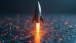 © miss irine - Silver rocket launches from glowing circuit board, representing startup growth, tech innovation. Upward motion signifies progress, speed, future success. Digital circuits pulse with energy, data,