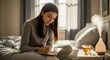 © Tatiana - Woman writing in a notebook on bed, a cup of tea and humidifier on nightstand. Morning routine and self-care concept.