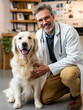 © Hype2Art - Veterinarian with stethoscope kneels beside a golden retriever in a veterinary clinic. The doctor smiles as he examines the dog.