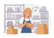 © stock.metket.com - Illustration of young woman in apron writing on a small cardboard box while standing in a warehouse with shelves full of packages and bottles