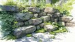 © titik - Watercolor sketch of a stone retaining wall with moss & foliage in a sun-dappled scene