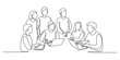 © Creative_Outline2019 - Continuous line drawing of a diverse team collaborating on laptops, symbolizing business meetings, innovation, and digital teamwork concept
