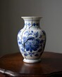 © Sanay - Broken porcelain vase with blue floral design sitting on a wooden table surface top