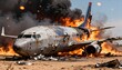 © David Zarzosa - Burning airplane crash wreckage with flames smoke and debris representing aviation disaster and emergency scene.