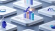 © Design Store - Abstract 3d render of a growing bar chart with glowing light effects on a futuristic digital display grid