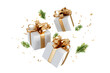 © Buffstock - White gift boxes with golden ribbon flying isolated on transparent