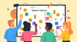 © Digitraz - A diverse business team collaborates effectively during an agile retrospective meeting, brainstorming ideas on a whiteboard with colorful sticky notes.
