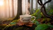 © Konrad - A white cup of hot coffee with the word “Espresso” on it, set in a forest scenery.