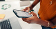 © FrameOn/peopleimages.com - Woman, hands and typing with phone for communication, email or recycling NGO in office. Closeup, female person or environmentalist with mobile smartphone for network, online texting or chatting app