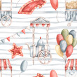 © Nellya Egorova - Amusement park. Watercolor hand-drawn seamless pattern with popcorn cart, cotton candy cart, bunch of colorful balloons, flads and star. Cute drawings print for kids on blue striped background