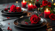© Nongluk - A refined Christmas table with black plates, red roses, and warm candlelight creating an elegant, shadow-rich festive mood