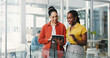 © peopleimages.com - Media agency, tablet and women in office, planning and internet with feedback for news report. People, creativity or journalists with discussion, smile and review for submission, proposal or schedule