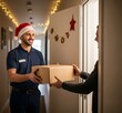 © burntime555 - A delivery man wearing a Santa hat hands a cardboard box to a customer during the Christmas season, embodying holiday shopping and delivery