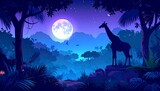 jungle safari zoo banner, animal silhouette, night adventure background