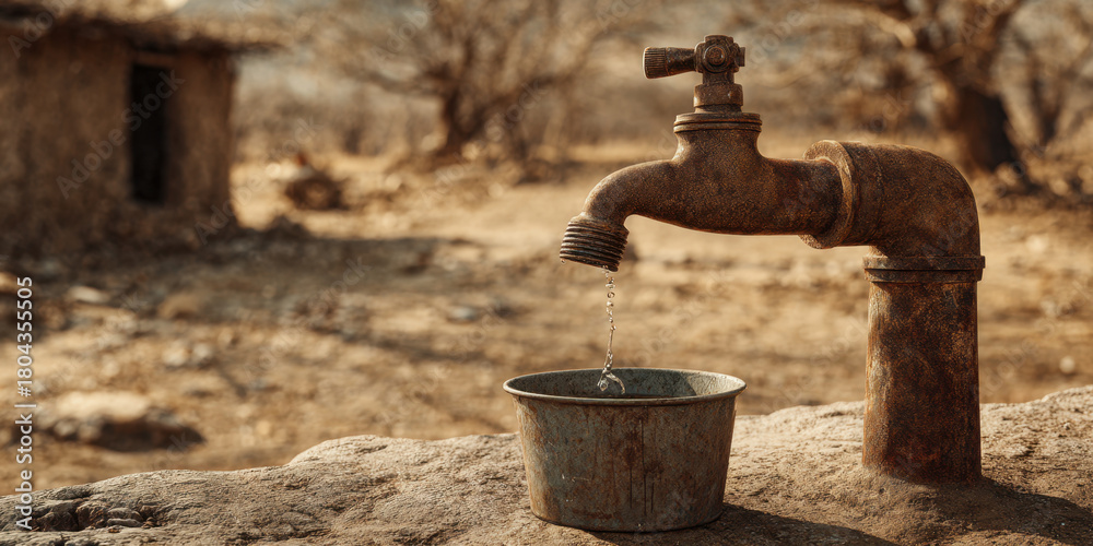 Water Tap Rual Old rusted water tap dripping into metal basin in dry rural village ...