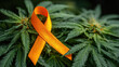 © Keopaserth - Orange awareness ribbon placed on green cannabis leaf close up, symbolizing support and advocacy for medical and social issues