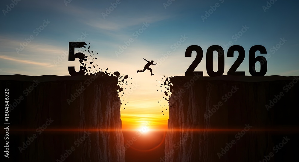 An inspiring silhouette of a person leaping across a chasm, connecting ...
