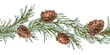 © NATASHA-CHU - A seamless border pattern of green branches and brown pine cones. Hand-drawn watercolor illustration. Christmas, New Year, and winter composition for decor and textile design and greetings.
