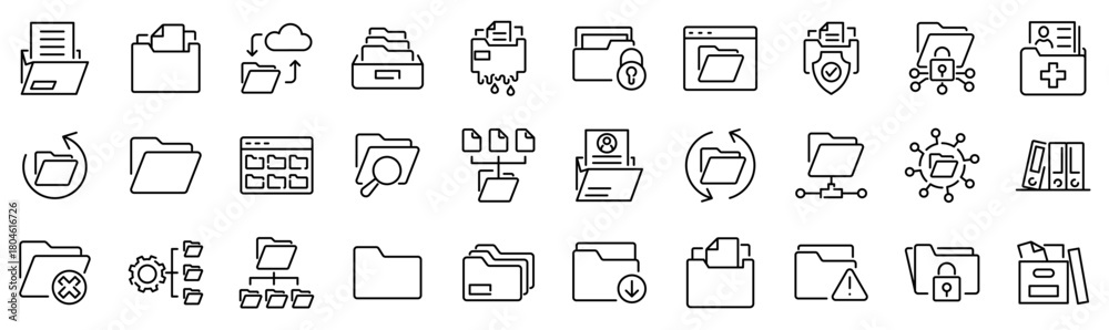 Set of 30 outline icons related to folder. Linear icon collection ...