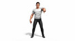 © Luiz - Man in white tshirt and black pants pointing down isolated on white background