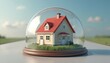 © Pete - Small house sits in grass under clear glass dome. Protective shield offers safety from outside world. Real estate asset secured by insurance policy.