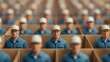© Tanakrit - A surreal scene featuring rows of identical workers in blue uniforms and white hats, creating a striking visual of uniformity and repetition.