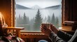 © Octopus16 - Cozy Person Sitting by Wooden Window Drinking Hot Coffee in Mountain Cabin
