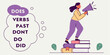 © Whab - Empowered learner sharing knowledge, stepping up on books with megaphone, teaching verbs, perfect for education, language learning, and grammar concepts
