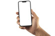 © Din Nasahrudin - Hand holding the black smartphone with blank screen and modern frameless design in rotated perspective positions - isolated transparent background - Clipping Path