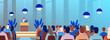 © mast3r - Conference speaker presentation audience listening modern seminar hall podium stage plants hanging lamps blue background website banner