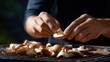 © Iaroslav - Hands placing foraged wild mushrooms onto a hot grill grate with smoke rising, preparing vegetarian healthy meal outdoors
