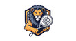 © krisnanto - Dynamic vector illustration of a powerful lion mascot holding a padel racket in a shield, perfect for sports team logos and competitive athletic branding